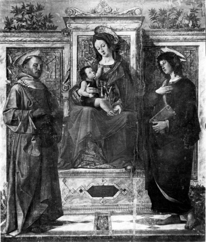 Bartolomeo Montagna-57-Madonna con Bambino in trono tra Sant'Antonio da Padova e San Giovanni Evangelista - Verona, Chiesa di san Govanni Battista